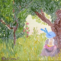 original oil painting hand made art reading girl in green bush impasto small artwork 6 by 6 by nadyalerm