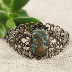 Lady Cameo Bracelet Mint Sage Green Patina Vintage Brass Bronze Filigree Victorian Epoch Style Bracelet Jewelry 6743
