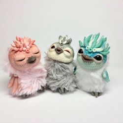 Miniature birds dolls Set collectible toys OOAK animal cute figures ART Fantasy creature clay sculpture interior toy
