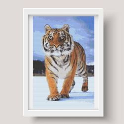 Cross stitch pattern, PDF, Tiger in the snow