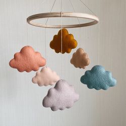 Ready to ship-Six Clouds hanging crib toys for newborn baby-Natural soft colors baby mobile