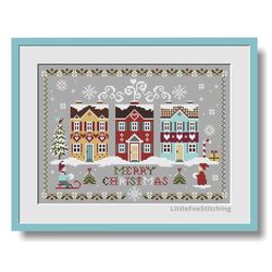 Merry Christmas Cross Stitch Pattern Winter Houses