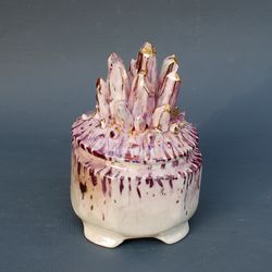 Porcelain jewelry box Amethysts Crystals Figurine Casket with lid small sugar bowl ,Art Ceramic Storage box, Ring Holder