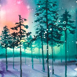 Printable file of watercolor painting The Nothern lights Aurora borealis Karelia