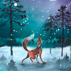 Printable file of watercolor painting Winter forest fox