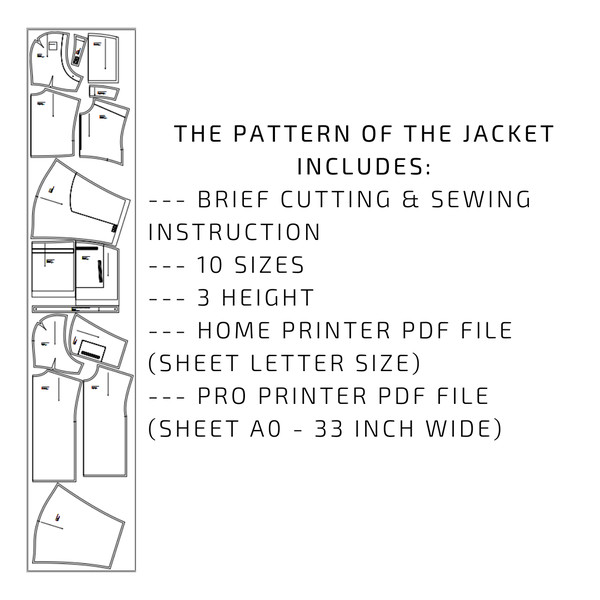 The pattern of the jacket is presented in 4 height groups from 164 to 188 cm in sizes from 84 to 120 cm of bust circumference (31 12 - 47 14 inches).png