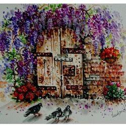 City Landscape Painting Original Watercolor Art Work Italy Street Painting Floral Wisteria City Landscape