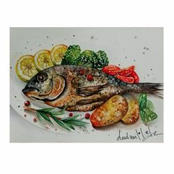 Food Painting Original Watercolor Art Work Realistic Still Life With A Fish Dish Paintings The Kitchen Dining Room