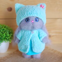 Crochet toy gray bunny is handmade stuffed toy.