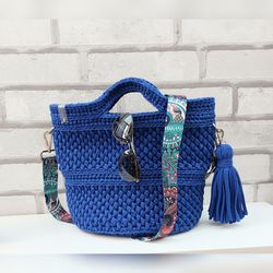 Cotton tote bag with boho strap and tassel Top handle bag Beach bag