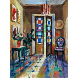 stained glass reflections. interior room hallway with opened doors original painting 8x6''