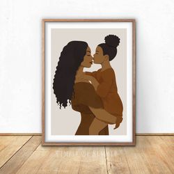 Black mom and daughter art, DIGITAL art, rusty brown boho wall decor, black curly mother poster, melanin mother art