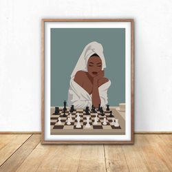 Beautiful black woman playing chess, PRINTABLE wall art in boho style, melanin woman art, black art, blue boho decor.