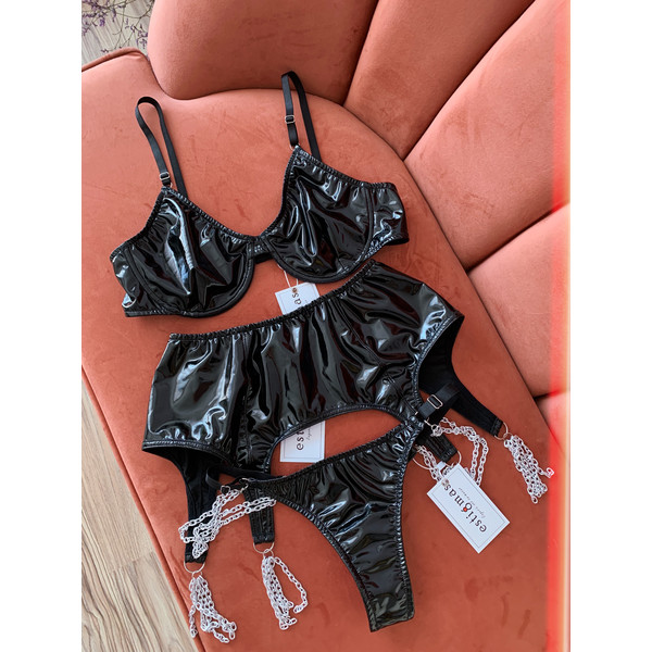 Eco leather lingerie, Black lingerie, Latex lingerie, BDSM l