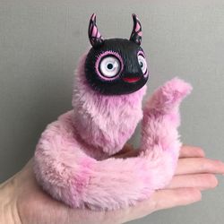 Horrible creature toy Big caterpillar ART doll Pink fantasy animal clay doll Plush OOAK worm toy clay creature with horn