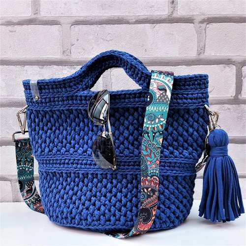 Cotton tote bag with boho strap and tassel Top handle bag Beach bag