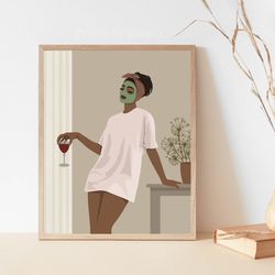 black woman with wine, black girl art, printable wall art, cozy evening at home, african woman art, melanin woman art