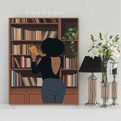 curvy black woman book lover art, plus size black girl with book, melanin woman with natural hair reading, digital art
