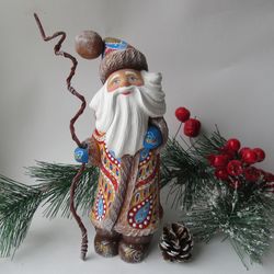 Collectible Russian Santa Claus, hand carved painted Santa, Wooden Santa figure