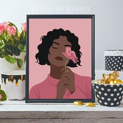 Black woman on pink background, PRINTABLE poster, african american girl with pink flower, digital art, melanin art.
