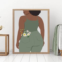 curvy black woman in sage green, black girl poster, sage green decor, digital, plus size black women, body positive art