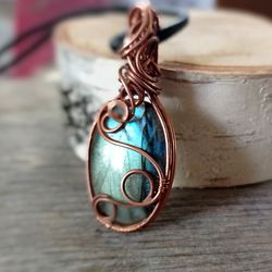Original pendant for every day, wire weaving, labradorite braided with wire, a gift for a holiday