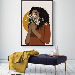Black woman with white flowers art, beautiful black woman with curly hair, DIGITAL, melanin women, rusty brown decor