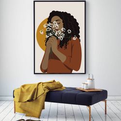 black woman with white flowers art, beautiful black woman with curly hair, digital, melanin women, rusty brown decor
