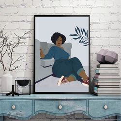 curvy black woman art, navy blue wall art, beautiful black girl with natural hair, printable, plus size melanin women