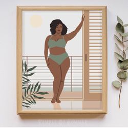 Seductive curvy black woman art, sage green decor, DIGITAL, black plus size woman, african american, body positive art