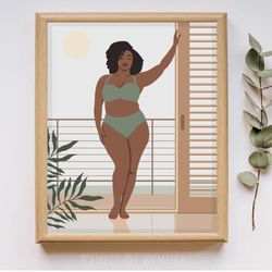 seductive curvy black woman art, sage green decor, digital, black plus size woman, african american, body positive art