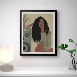 Black curly woman poster, PRINTABLE wall art, boho wall decor, african american girl art, melanin girl art, green decor