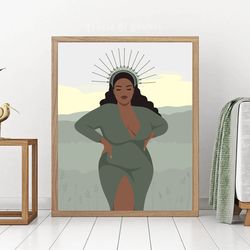 Curvy black goddess in sage green, sage green decor, DIGITAL, black plus size woman, body positive art, curvy waman art.