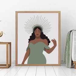 Black queen in sage green, black girl art, sage green decor, DIGITAL, curvy black woman, melanin goddess, plus size art