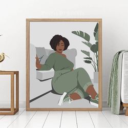 curvy black woman art, sage green decor, plus size black girl poster, digital, plus size melanin women, green decor