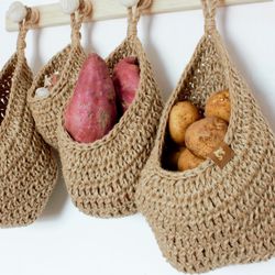 set of wall hanging baskets for vegetables and fruits, crocheted jute potato storage basket, wall decor