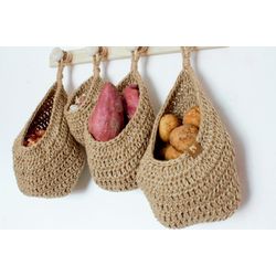 Set of Wall Hanging Baskets for Vegetables and Fruits, Crocheted Jute Potato Storage Basket, Wall Decor