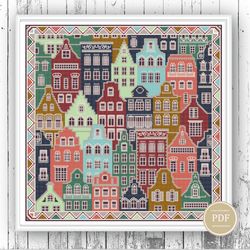 Patchwork Cross Stitch Pattern Dutch City Modern Design Embroidery for Pillow Pattern PDF Counted Chart 79