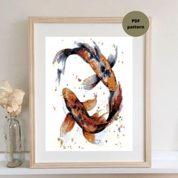 Watercolor Koi fish cross stitch PDF pattern, Carp embroidery design, Instant download, DIY and craft
