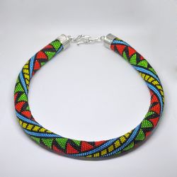 Multicolor Statement necklace, Short Bright necklace, Beaded Choker, Africa Choker