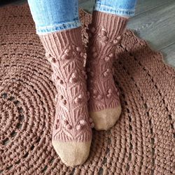 Brown winter womens hand-knitted socks