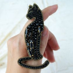Beaded Black Cat Brooch Handmade. Embroidered Animal Brooch Pin. Cat Lover Gift