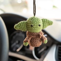 Baby Yoda car hanging accessory for Star Wars lover,  stuffed green alien, rear view mirror charm, Grogu toy car pendant