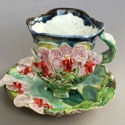 Orchid Tea cup and saucer set Flowers tea set Beautiful porcelain art Handmade Lilac flowers ,Mug and saucer