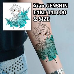 Xiao fake tattoo Genshin Impact anime game Temporary sticker tat Chinese kawaii gift Otaku weeb design Geek colorful art