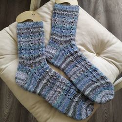 Blue openwork womens hand-knitted socks