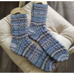 Blue openwork womens hand-knitted socks