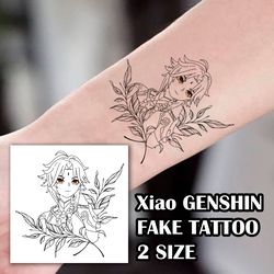 Xiao fake tattoo Genshin Impact anime game Temporary sticker tat Chinese kawaii gift Otaku weeb design Geek simple line