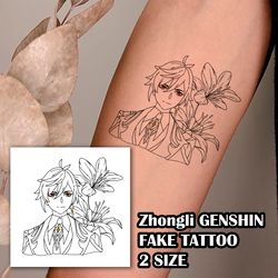 Zhongli fake tattoo Genshin Impact game Temporary sticker tat Chinese kawaii gift Otaku weeb design Geek simple line