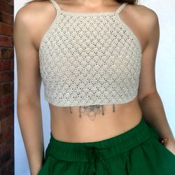 Crochet halter top for beach Beige crop top for summer Knitted tank top Cotton crop top Beach knitwear Exclusive clothes